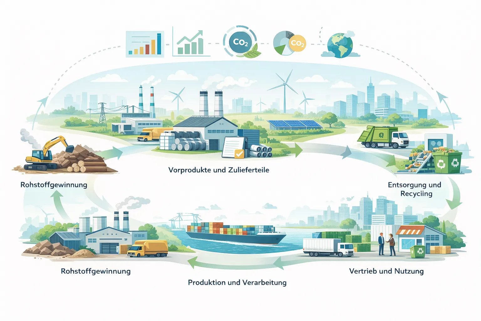 Wertschöpfungskette - Prozesse und Klimawirkung verstehen Kreislauf von Prozessen der Wertschöpfungskette